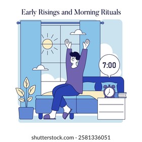 Morning rituals signify the positive start to a day, showcasing an individual welcoming the sunrise. The scene reflects routines that promote well-being and productivity, highlighting the importance