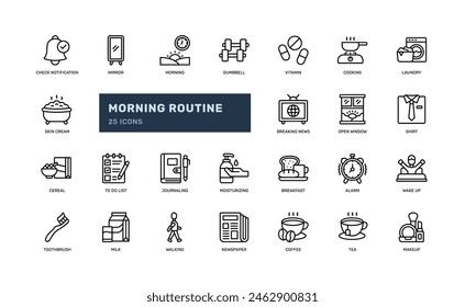 actividad de rutina de la mañana horario diario diario esquema detallado línea icono conjunto