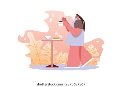 Morning routine and body positive concept with people scene in the flat cartoon style. The girl performs her routine self-care exercises to start the day right. Vector illustration.