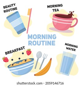 Morning routine, brushing teeth, breakfast, morning coffee, vector illustration.