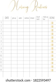 Morning routine calendar minimalist planner page design. Morning list with gold boxes. Self improvement. Habit tracker daily routine printable template. Personal organizer. Notebook vector template. 