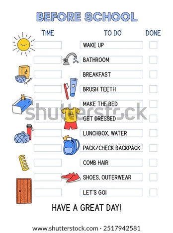 Morning routine chart template. Checklist for kids before school. Morning daily tasks list for children, preparation to school day, time management, organizer. Colorful illustrations, funny clipart