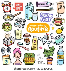 Morning routine, colorful graphics elements and illustrations. Morning activity vector art such as breakfast, bathing, newspaper, bread with toaster are included in this doodle cartoon set.