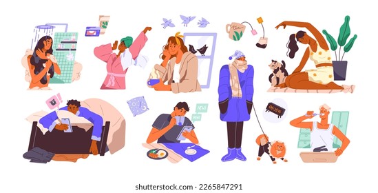 Morning routine concept. Everyday daily life of people in bathroom, at breakfast, walking with dog, awaking after sleep in bed. Early wakeup. Flat vector illustrations isolated on white background