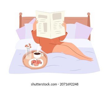 Morning routine concept. Girl reading newspaper and having breakfast in bed. Flat vector illustration on white background