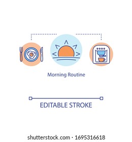 Morning routine concept icon. Plan daily life. Early breakfast. Coffee at start of day. Selfcare measure idea thin line illustration. Vector isolated outline RGB color drawing. Editable stroke