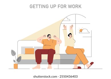 Morning routine concept. Illustration of a couple waking up and stretching in bed, preparing for the workday ahead. Vector illustration.