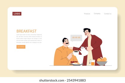 Morning routine concept. Two characters enjoy a cozy home breakfast, engaging in cheerful conversation. Warm bonding moment, daily family life. Vector illustration.