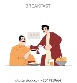 Morning routine concept. Two smiling men enjoying a hearty breakfast together. Cozy domestic scene with fresh coffee and healthy food. Vector illustration.