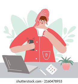 Morning routine concept. Young woman freelancer drinking coffee and watching something on her phone. Laptop and tasks list near on the table. Work from home vector illustration. 