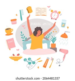 Morning routine consists of coffee mug, an alarm clock, breakfast, daily planner, shower. The girl in the bed stretches with smile on her face. Vector illustration in flat style