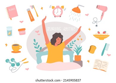 Morning routine consists of cup of coffee, an alarm clock, breakfast, fitness, shower. Girl in bed stretches with smile on her face. Woman self care concept. Vector illustration in flat style