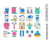 Morning Routine Daily Collection Icons Set Vector. Morning Yoga And Pill Dose, Breakfast And Drink Tea, Juice And Coffee, Cosmetics And Shaver color Contour Illustrations