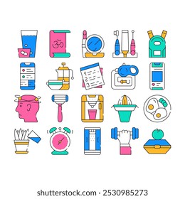 Morning Routine Daily Collection Icons Set Vector. Morning Yoga And Pill Dose, Breakfast And Drink Tea, Juice And Coffee, Cosmetics And Shaver color Contour Illustrations