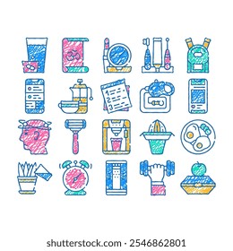 morning routine daily doodle icons set vector. sketch line art morning yoga and pill dose, breakfast and drink tea, juice and coffee, cosmetics and shaver color illustrations