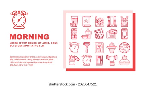 Morning Routine Daily Landing Web Page Header Banner Template Vector. Morning Yoga And Pill Dose, Breakfast And Drink Tea, Juice And Coffee, Cosmetics And Shaver Illustration