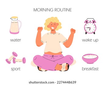 Morning routine day tips infographic vector. Waking up, having breakfast in the morning, gfitness. Girl schedule. 