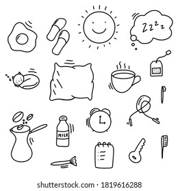 Morning routine doodles: eggs, slippers, sun, sleeping bubble, sleeping cat, alarm, pillow, coffee, tea, teeth cleaning, keys, daily planning, breakfast, milk, skipping rope vector illustration.