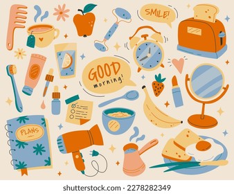 Morning routine elements flat icons set. Tasty and healthy food. Breakfast, wake up with alarm, beauty procedures. Color isolated illustration