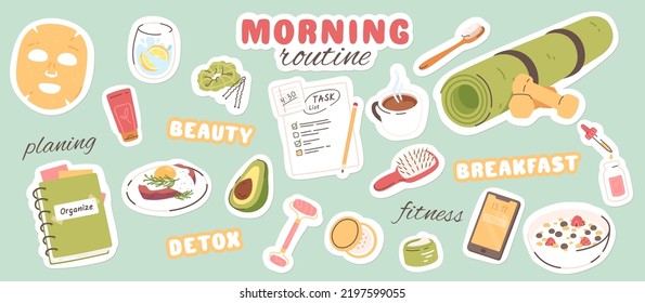 Conjunto de elementos de rutina de la mañana. Café de desayuno, lista de tareas de planificación, equipo de fitness, cosméticos de cuidados estéticos, cepillo de dientes de higiene. Ilustración vectorial plana por la mañana de una mujer saludable concepto de rutina diaria