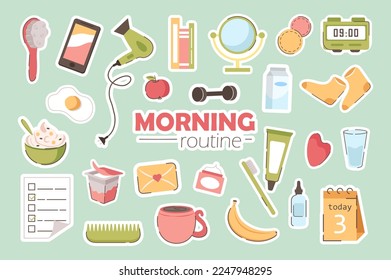 Morning routine elements set concept without people scene in the flat cartoon style. Images of things that every person needs in the morning. Vector illustration.