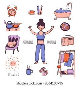 Morning routine elements set. Girl in pajamas, alarm clock and toothpaste and brush, bathroom and breakfast, planner and chair with cat. Clothes hanger and slippers. Vitamin D. Colorful vector