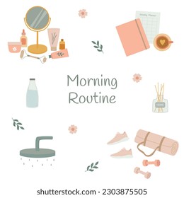 Conjunto de elementos de rutina de la mañana. Lista de tareas de planificación, equipamiento de fitness, ducha, productos cosméticos de belleza. Ilustración del vector