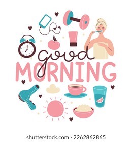 Morning routine elements. The woman is brushing her teeth. Breakfast, morning fitness, daily planning. Vector isolated illustration