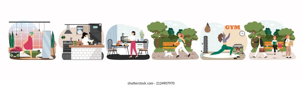 Morning routine, everyday life scene set, vector isolated illustration.