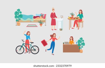 morning routine female character vector illustration, daily life of woman waking up , eating breakfast , going work by bicycle , life style concept