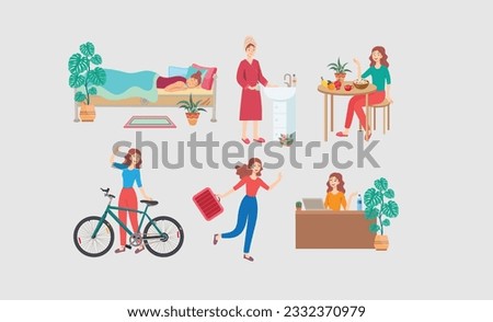 morning routine female character vector illustration, daily life of woman waking up , eating breakfast , going work by bicycle , life style concept