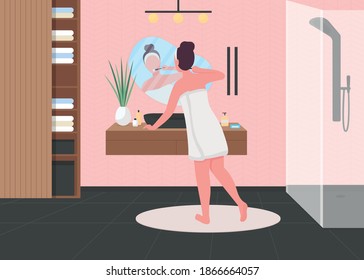 Morning routine flat color vector illustration. Girl brushes teeth after shower. Luxury bathroom. Everyday personal care. Woman in towel. 2D cartoon character with lavatory interior background