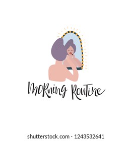 "Morning routine" girl at the mirror, vector card