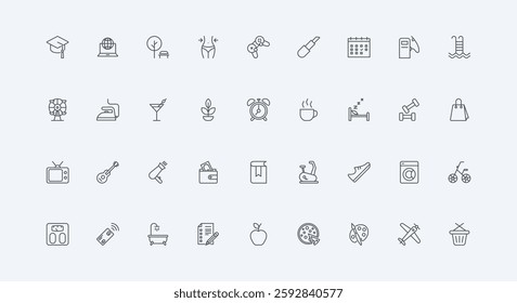 Morning routine, grocery shopping, sleep and food thin black outline symbols vector illustration. Daily schedule, everyday busy life time for work and rest in weekend, calendar line icon set