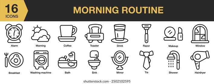 Morning Routine icon set. Includes alarm, bath, breakfast, coffee, makeup, shower, and More. Outline icons vector collection.