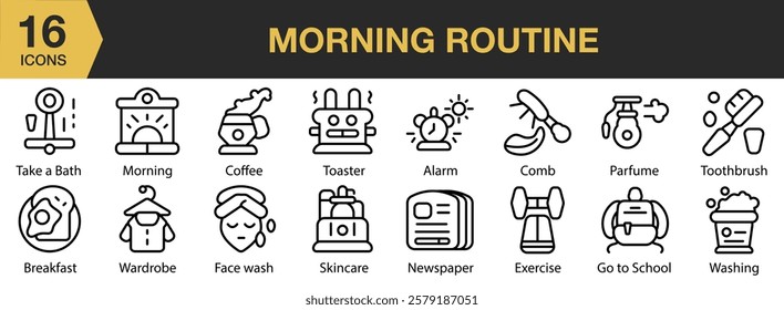 Morning Routine icon set. Includes morning, routine, home, wellness, lifestyle, healthy, and More. Outline icons vector collection.