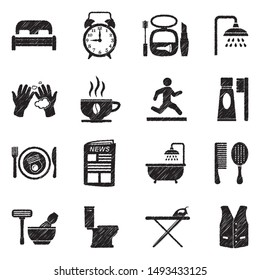 Morning Routine Icons. Black Scribble Design. Vector Illustration.