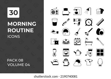 Morning Routine Icons Collection. Set Contains Such Icons As Wake, Wake Up, Work, Workout, Yoga, And More 