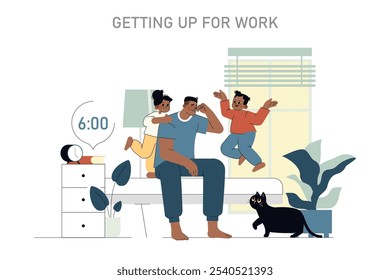 Ilustración de rutina matutina. La familia de un constructor comienza su día con energía y entusiasmo a las 6 AM. Un niño alegre juega mientras los padres se preparan para el trabajo. Ilustración vectorial.