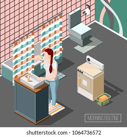 Morning routine isometric composition with young woman brushing teeth in bathroom interior vector illustration 