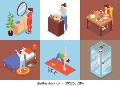 Morning routine isometric square set with shower and breakfast symbols isolated vector illustration