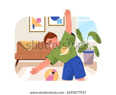 Morning routine of kid boy. Vector in flat style, stretching and doing exercises for keeping fit and strengthening muscles. Working out every day before school, schedule and discipline of kiddo