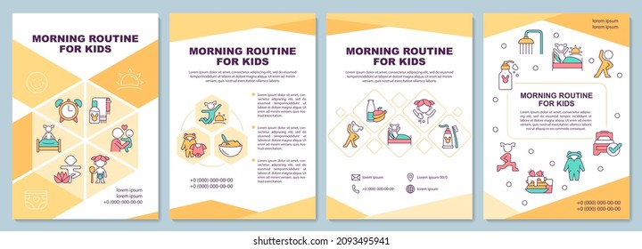 Morning Routine For Kids Yellow Brochure Template. Day Start. Booklet Print Design With Linear Icons. Vector Layouts For Presentation, Annual Reports, Ads. Arial-Black, Myriad Pro-Regular Fonts Used