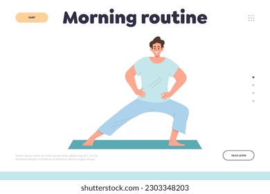 Morning routine landing page design template with happy young man character doing physical workout