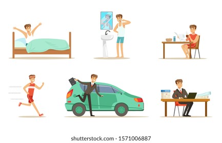Morning routine of a mans day. Set of vector illustrations.