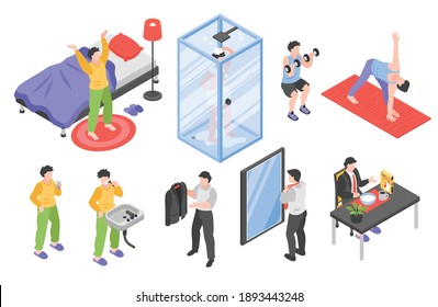 Morning routine men isometric set with hygiene and sports symbols isolated vector illustration