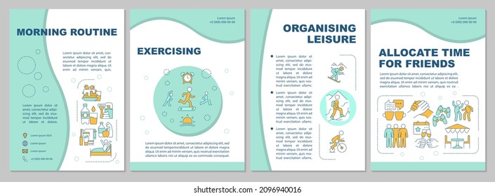 Morning routine mint brochure template. Physical training. Booklet print design with linear icons. Vector layouts for presentation, annual reports, ads. Arial, Myriad Pro-Regular fonts used