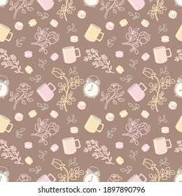Morning routine pattern. Alarm clock, a cup of tea or coffee and pastries, floral motifs.