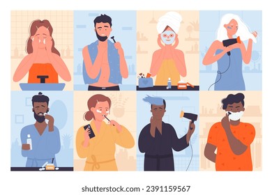 Morning routine of people in bathroom set vector illustration. Cartoon happy woman and man brush teeth, cleansing face and hair, shaving, female and male characters care skin with cosmetic products