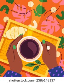 Morning routine poster. Hand with mug or cup with hot drink. Traditional breakfast with coffee or tea. Trendy flyer or booklet. Abstract creativity and art. Cartoon flat vector illustration